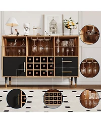 47.2" Wood Color Wine Bar Cabinet with Led Lights, Charging Station, Wine Rack and Glass Holder