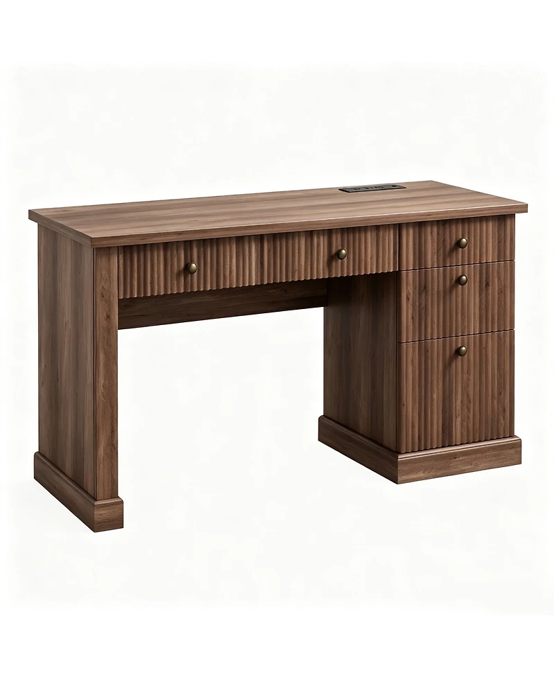 54" Fluted Home Office Desk with File Drawer, Charging Station, Modern Executive Computer Writing Desk for Study Room