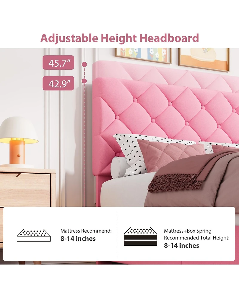Bed Frame with 4 Storage Drawers and Adjustable Headboard, Linen Upholstered Platform Beds, Diamond Stitched Button Tufted