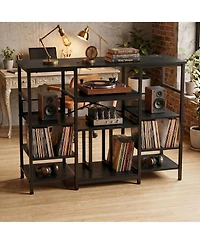 3-Tier Media Storage Shelf with Power Outlet, Record Player Stand, Cd Dvd Organizer Rack for Living Room Entertainment Space