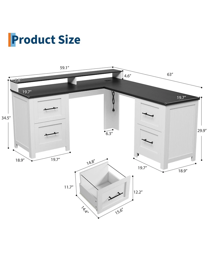 L-Shaped Executive Desk, 63" Mdf Corner Computer Desk with Monitor Stand, 4 File Drawers, Power Outlets, Ample Storage for Home Office Gaming Study