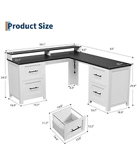 L-Shaped Executive Desk, 63" Mdf Corner Computer Desk with Monitor Stand, 4 File Drawers, Power Outlets, Ample Storage for Home Office Gaming Study
