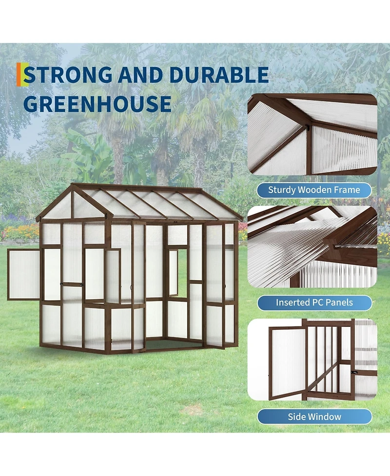 8x7 Ft Walk-In Greenhouse, Fir Wood Frame with Clear Polycarbonate Panels for Patio Backyard Garden All-Season Plant Growing, Natural Wood