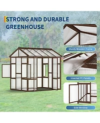 8x7 Ft Walk-In Greenhouse, Fir Wood Frame with Clear Polycarbonate Panels for Patio Backyard Garden All-Season Plant Growing, Natural Wood