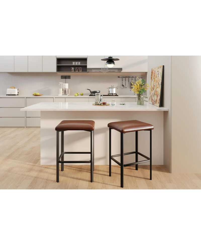 25 "H x 16 "W Set of 4/Set 2 Square Bar Stools with Pu Leather Seat and Metal Legs, Counter Height Barstools for Kitchen Island Dining Room, Brown