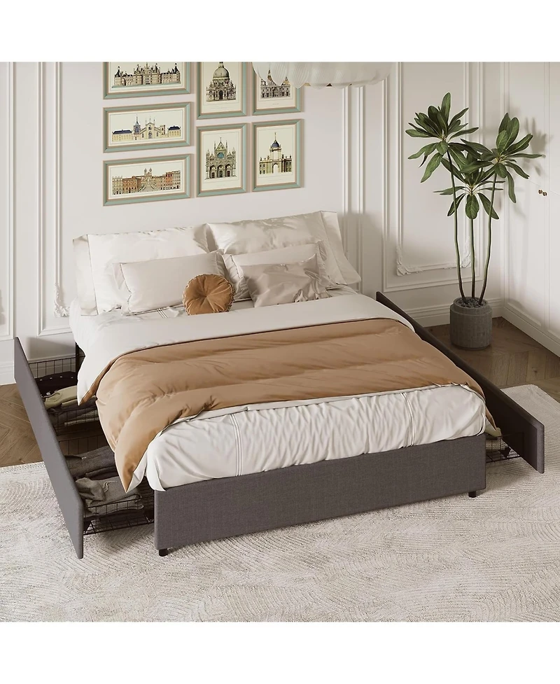 King/Queen/Full Upholstered Platform Bed with Drawers, Linen Storage Bed Frame, Engineered Wood for Bedroom