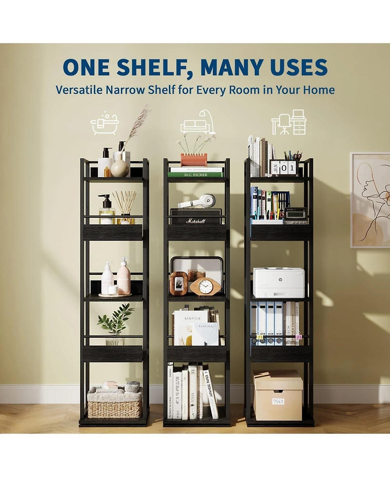 homfan 5-Tier Corner Bookshelf, 360-Degree Rotating Tall Narrow Bookcase with Guardrail, Industrial Storage Rack for Living Room Bedroom Home Office
