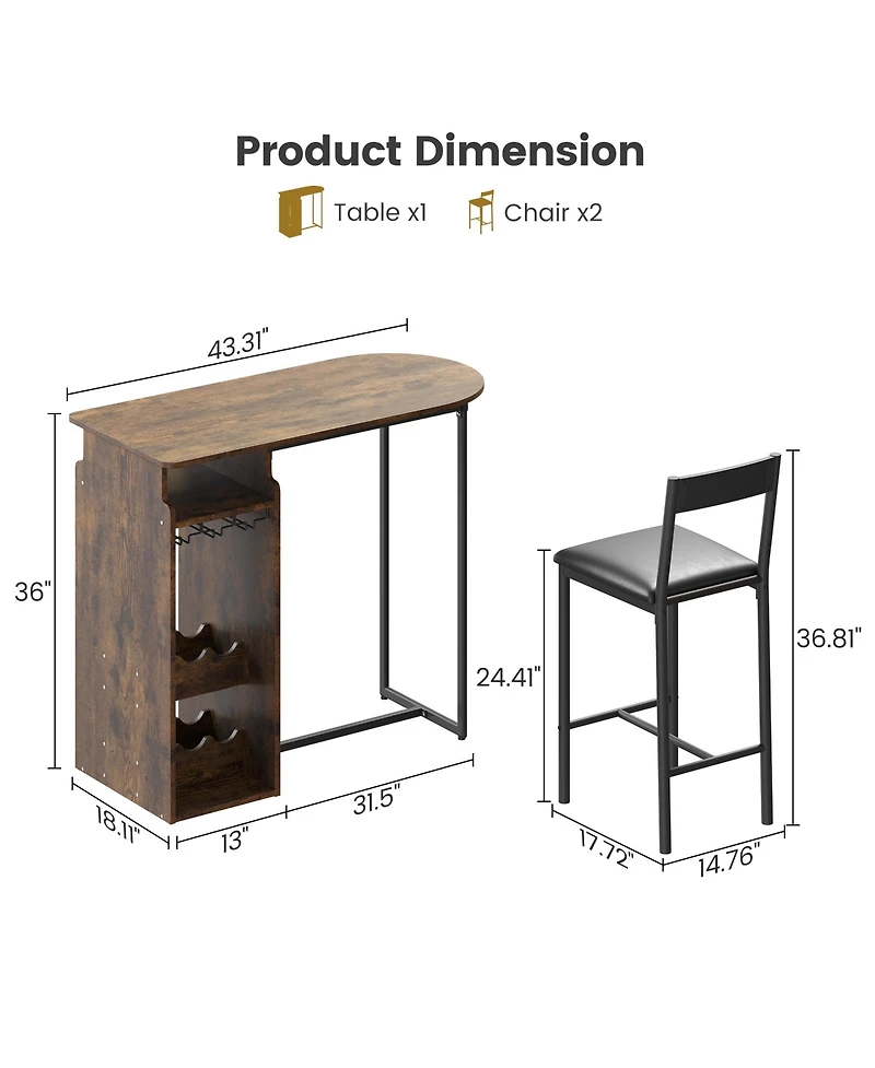 Bar Table and Chair Set for 2 Counter Height with Wine Rack and Wine Glass Holder Open Storage Shelf Space Saving for Kitchen Dining Room Apartment