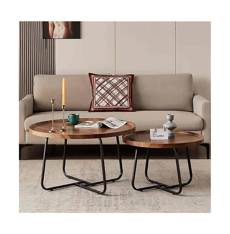 homfan Set of 2 Round Nesting Coffee Tables, 28" and 20", Fluted Wood Look, Mid-Century Modern