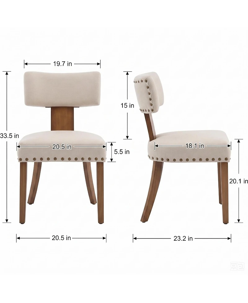 4 Set of Mid-Century Upholstered Dining Chairs, Linen Covered Chairs with Nailhead Trim, Curved Backrest and Wooden Legs for Kitchen, Dining Room