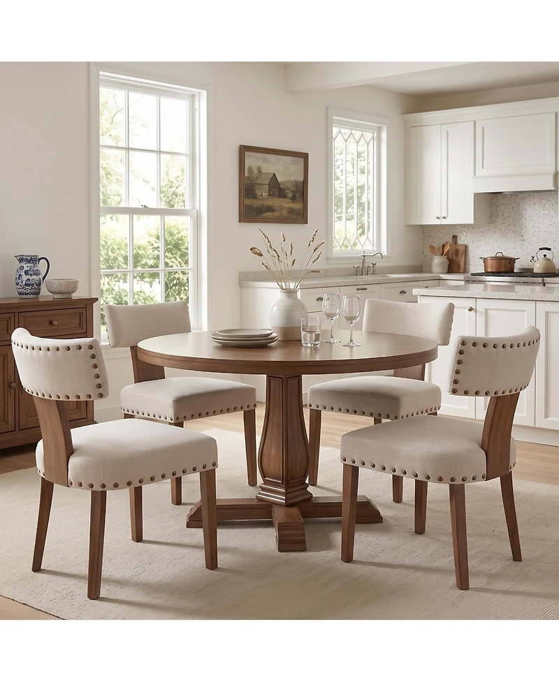 4 Set of Mid-Century Upholstered Dining Chairs, Linen Covered Chairs with Nailhead Trim, Curved Backrest and Wooden Legs for Kitchen, Dining Room