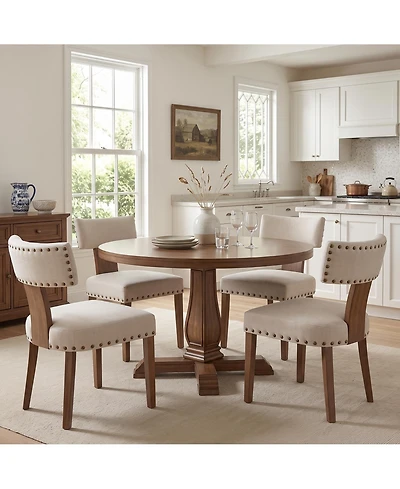 4 Set of Mid-Century Upholstered Dining Chairs, Linen Covered Chairs with Nailhead Trim, Curved Backrest and Wooden Legs for Kitchen, Dining Room