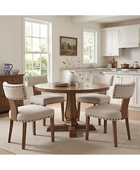4 Set of Mid-Century Upholstered Dining Chairs, Linen Covered Chairs with Nailhead Trim, Curved Backrest and Wooden Legs for Kitchen, Dining Room