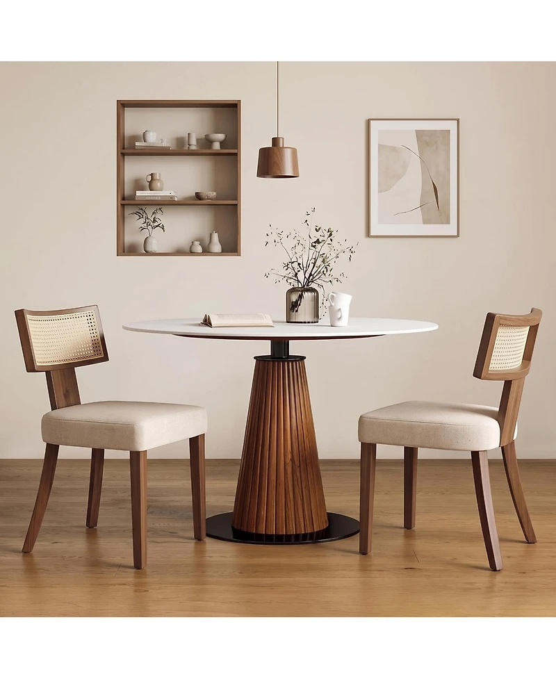 Set of 6 Mid-Century Farmhouse Dining Chairs, Linen Upholstered Chairs with Rattan Detail, Ergonomic Curved Backrest and Wooden Legs for Kitchen