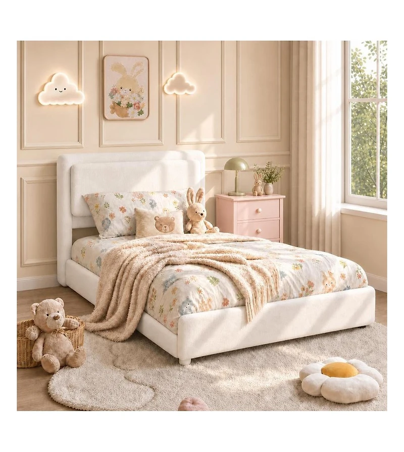 Upholstered Bed Frame with Shelf and Drawers, Chenille Platform Bed with Built in Headboard Shelf for Phone and Books