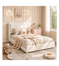 Upholstered Bed Frame with Shelf and Drawers, Chenille Platform Bed with Built in Headboard Shelf for Phone and Books