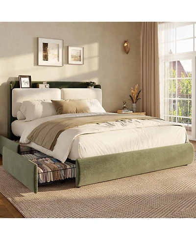 Upholstered Bed Frame with Shelf and Drawers, Chenille Platform Bed with Built in Headboard Shelf for Phone and Books