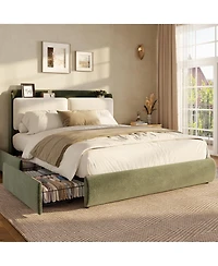Upholstered Bed Frame with Shelf and Drawers, Chenille Platform Bed with Built in Headboard Shelf for Phone and Books