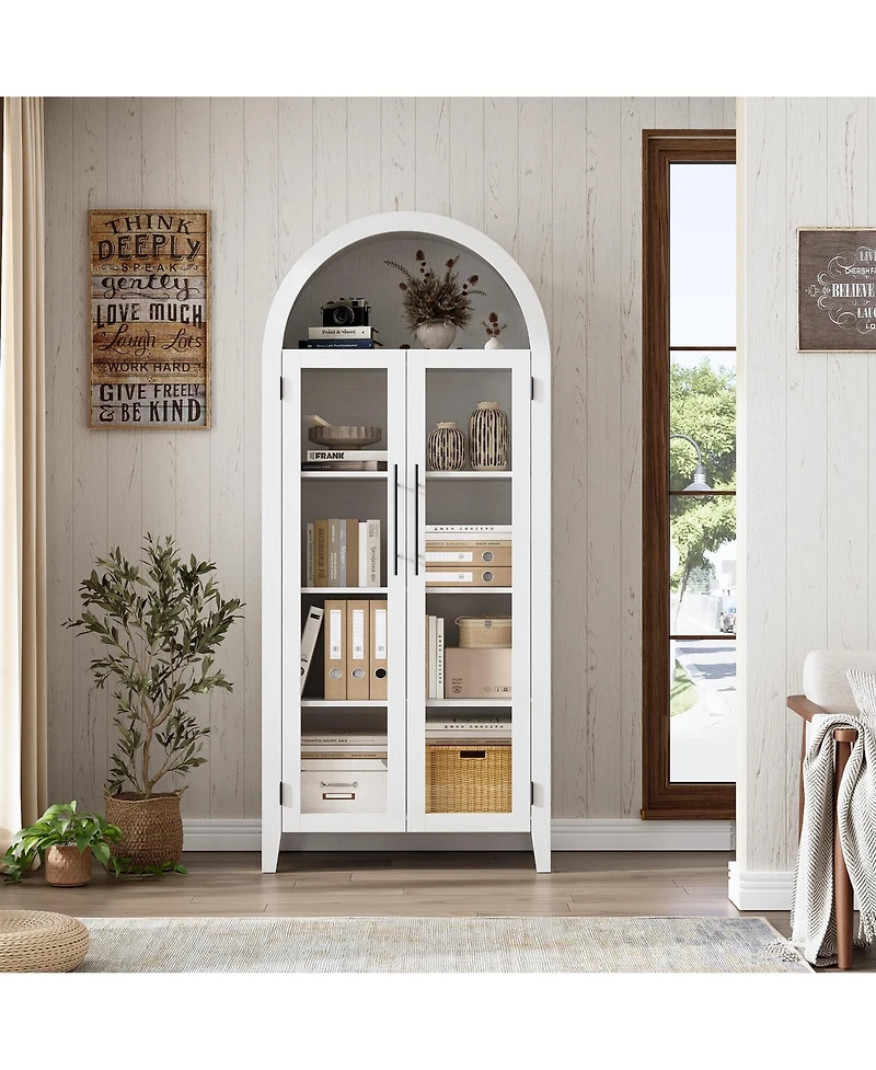 Arched Kitchen Pantry Cabinet, Farmhouse 5 Tier Display Shelf with Adjustable Shelf and 2 Large Glass Doors, Versatile Cupboard for Kitchen
