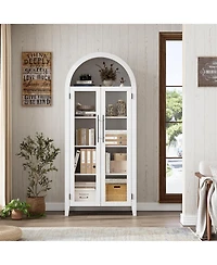 Arched Kitchen Pantry Cabinet, Farmhouse 5 Tier Display Shelf with Adjustable Shelf and 2 Large Glass Doors, Versatile Cupboard for Kitchen