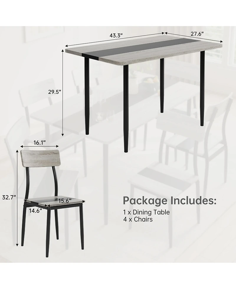 5-Piece Dining Table Set for 4, Compact Rectangular Kitchen Dining Room Table and Chair Set for Breakfast Nook, Afternoon Tea, Gray and Black