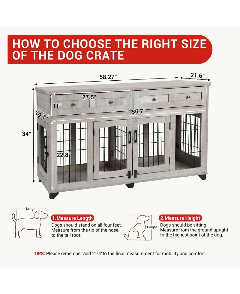 58 Inch Double Door Dog Crate, Large Engineered Wood Pet House with Metal Frame for Indoor Outdoor Use, Gray/Flamed Wood