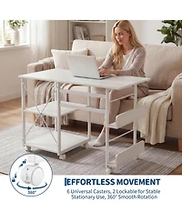 Folding Rolling Computer Desk, Space-Saving Versatile Home Office Writing Table with Wheels, Storage Shelf, Side Organizer for Bedroom Dorm