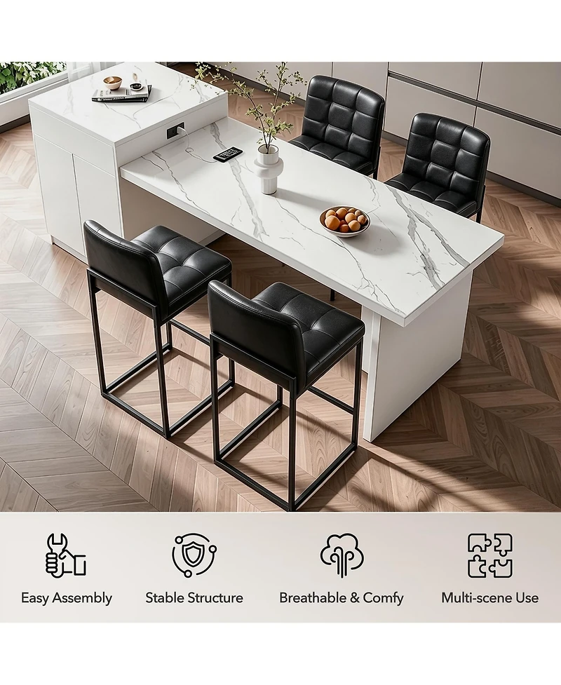 Bar Stools Set of 4, Mid-Century Modern Upholstered Counter Height Barstools with Back, Footrest, Metal Legs for Kitchen Island Home Bar Cafe