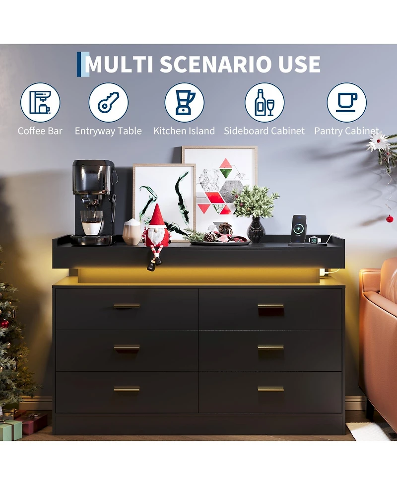 6 Drawer Dresser with Led Light and Raised Top Shelf, Modern Wide Storage Chest with Metal Pulls, Storage Cabinet for Bedroom, Living Room, Entryway