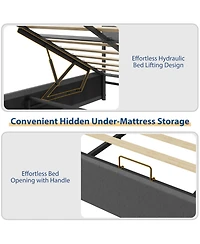 King Size Lift Up Storage Bed Frame, Linen Upholstered Platform Bed, Hydraulic System with Handle, No Box Spring Needed, Wood Slats Support
