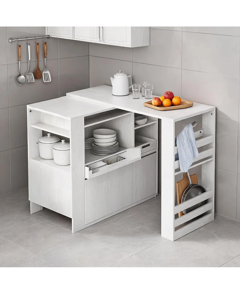 Extendable Rotating Kitchen Island Dining Table, Multi-Functional Mdf Counter with Drawers, Cabinet, Storage Rack for Kitchen Dining Room Home Office