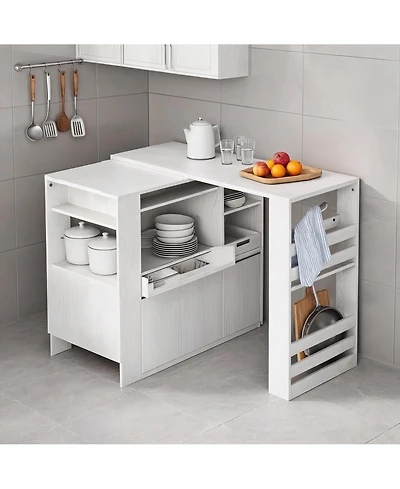 Extendable Rotating Kitchen Island Dining Table, Multi-Functional Mdf Counter with Drawers, Cabinet, Storage Rack for Kitchen Dining Room Home Office
