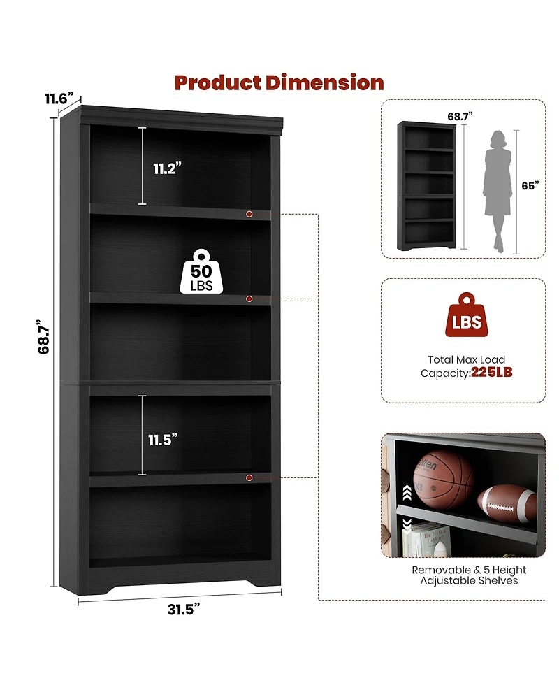 Modern 5-Tier Open Bookshelf, 69 in. Tall Mdf Floor Standing Storage Bookcase with Adjustable Shelves and Anti-Tip Kit for for Living Room Home Office