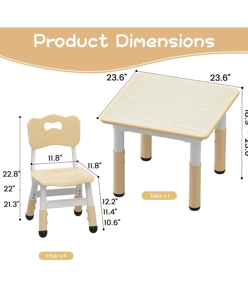 Height Adjustable Kids Table and 4 Chairs Set, Game Study Table with Graffiti Erasable Desktop, Non-Slip Legs for Playroom, Bedroom, Daycare