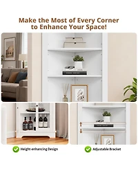 Farmhouse Corner Cabinet, 63 Inches Tall Freestanding Hutch with Glass Beadboard Doors, Adjustable Shelves, Pantry Storage Cabinet for Kitchen