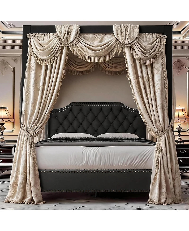 King Size Upholstered 4-Poster Canopy Bed Frame, Platform Bed Frame with Button Tufted Nailhead Headboard, No Box Spring Required