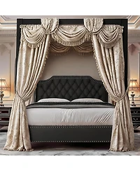 King Size Upholstered 4-Poster Canopy Bed Frame, Platform Bed Frame with Button Tufted Nailhead Headboard, No Box Spring Required