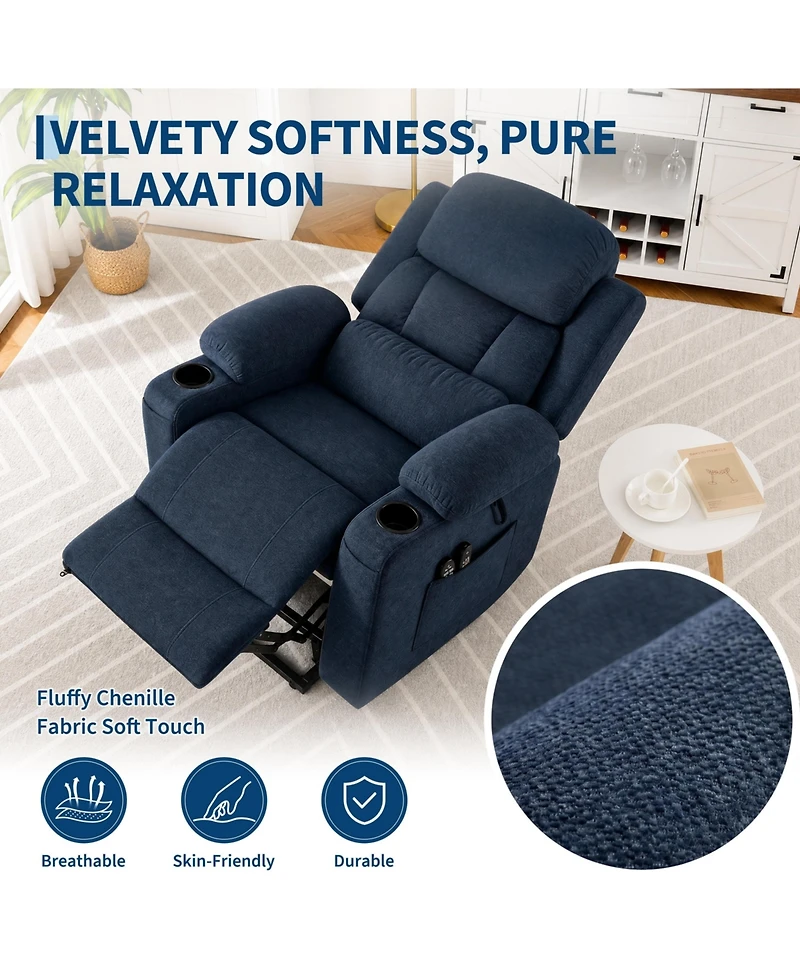 Oversized Chenille Power Lift Recliner with Heat, Massage and Memory Remote, Usb, Cup Holders,Blue
