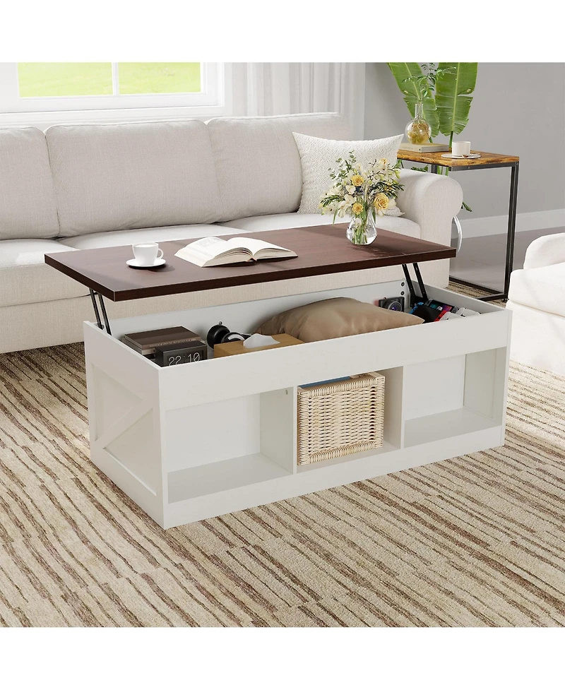 Farmhouse Lift-Top Coffee Table, Adjustable Height Hydraulic Lift, Hidden Storage Compartment, Shelf, Versatile For Home, Office, Living Room