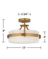 Possini Euro Design Bregman 13" Mid Century Modern Semi Flush-Mount Ceiling Light Fixture Kitchen Brass Finish White Stone Glass