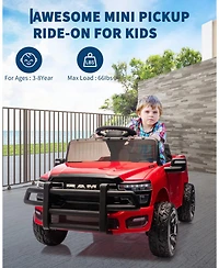 12V Licensed Ram Pickup Ride-On Vehicle, Parental Remote Control, Spring Shock Absorbers, Led Lighting, Built-In Music, Electric Play Truck for Kids