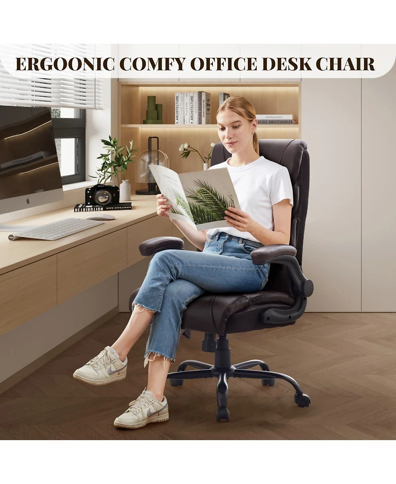 Big and Tall Ergonomic Executive Desk Office Chair, Pu Leather, 90-155 degrees Recline, Lumbar Support, Flip-up Armrests, Swivel Chair with Wheels