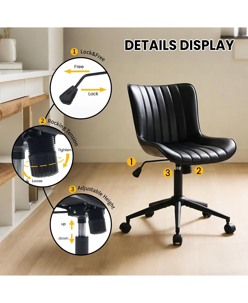 Office Chair with Wheels, Ergonomic Desk Chair, Black Modern Armless Swivel Computer Task Chair for Bedroom, Home Office, Dressing Room