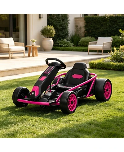 43 Inch 24V Kids Ride On Drift Go Kart, Electric Drift Racing Kart with 10 mph and Music, Brown/Rose Red/Green/Blue/Red/White, Ages 8-12