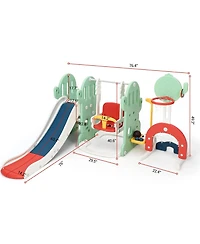 5-in-1 Kids Slide and Swing Set with Sports Games, Outdoor Cactus Playground with Basketball Soccer Golf for Backyard Fun, Green, Ages 3-8