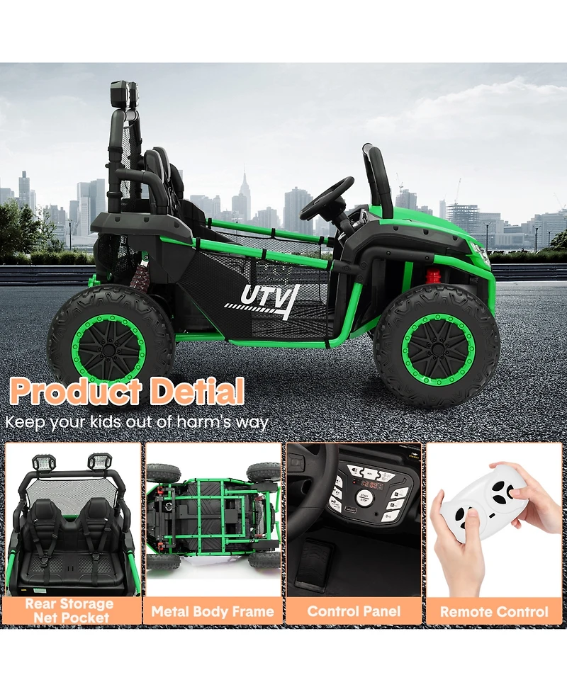 24V Dual Seat Kids Ride On Utv Utility Vehicle, 4WD Battery Powered Off Road Car with Metal Frame for Outdoor Fun, Green, Ages 3-6