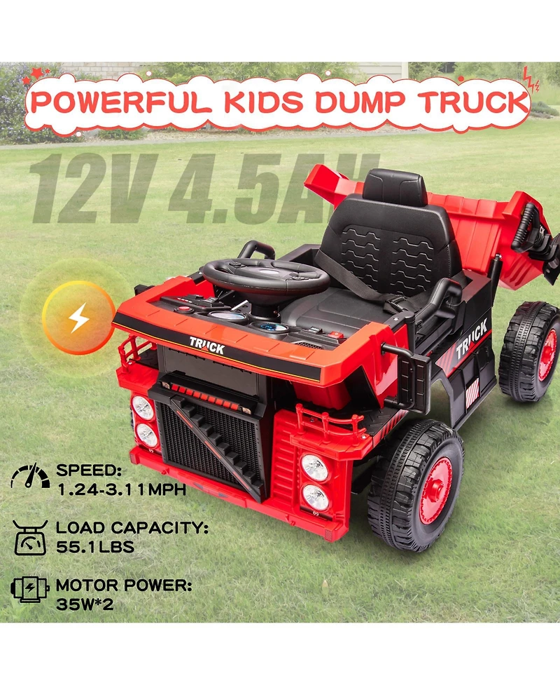 32.3x21.5x13.7 Inch 12V Kids Electric Mining Dump Truck Ride On, Construction Vehicle Toy with Sounds, Outdoor Toy for Boys Girls, Red, Ages 3-6