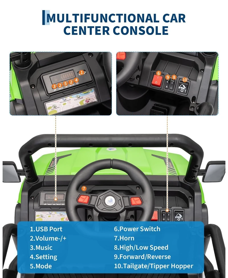 12V Electric Ride-On Dump Truck for Young Users, Parental Remote Control, Single-Seat Construction Toy, Shock Absorbers, Lockable Doors, Headlights