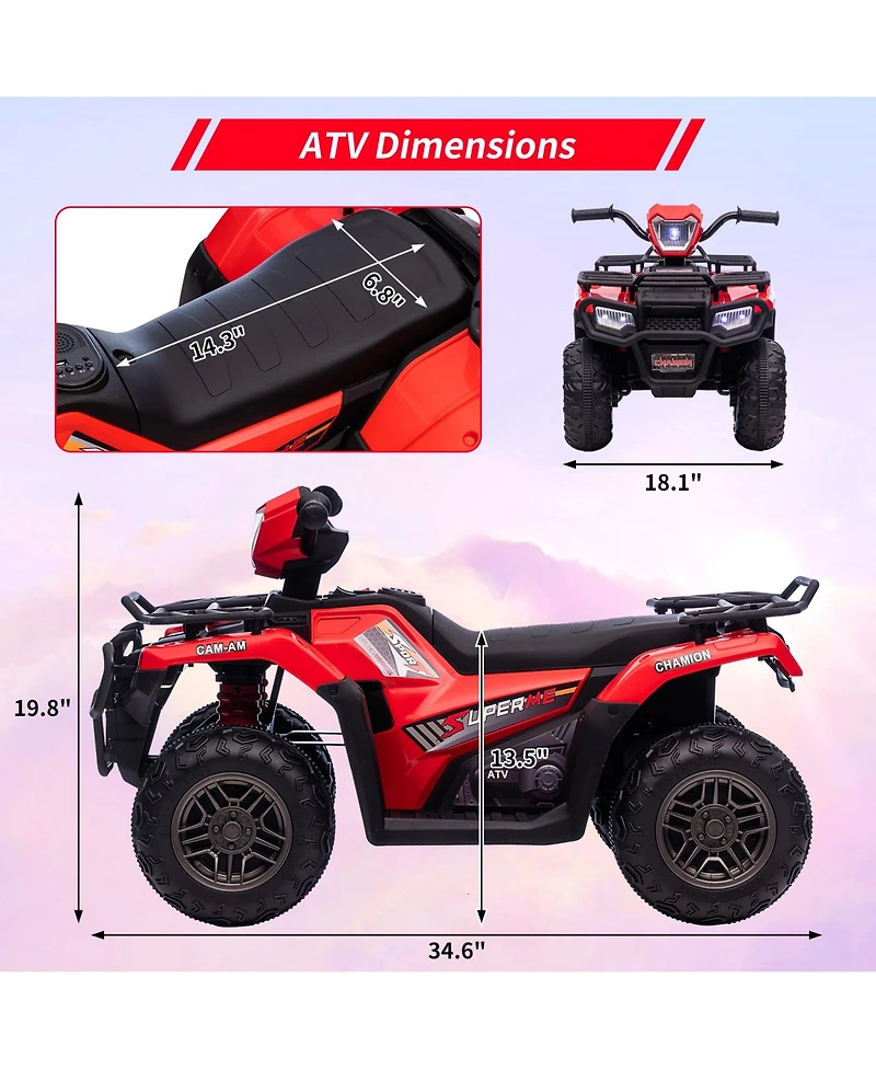 12V Kids Ride On Atv, Dual Speed 1.5-2.2MPH, Led Lights, Audio and Usb, One-Button Start, Battery Powered 4-Wheeler Outdoor Toy for Kids