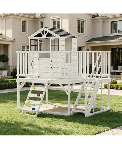 Kids Wooden Play Castle with Climbing Wall and Slide, Outdoor Backyard Sandbox Playset with Stairs for Fun Play, White, Ages 3-8